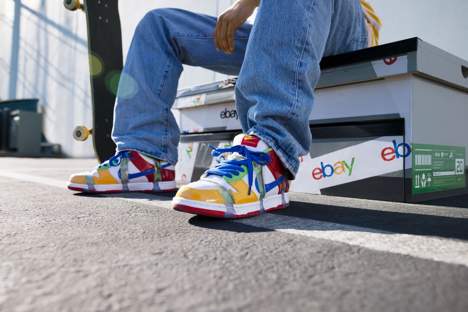 View of multi-colored Nike Dunk shoes.