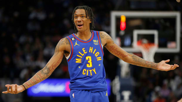Denver Nuggets guard Bones Hyland reacts to a foul call.