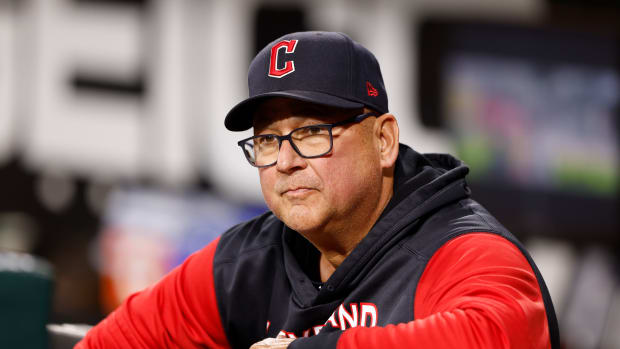 Sep 22, 2022; Chicago, Illinois, USA; Cleveland Guardians manager Terry Francona (77) looks on from the dugout before a baseball game against the Chicago White Sox at Guaranteed Rate Field. Mandatory Credit: Kamil Krzaczynski-USA TODAY Sports