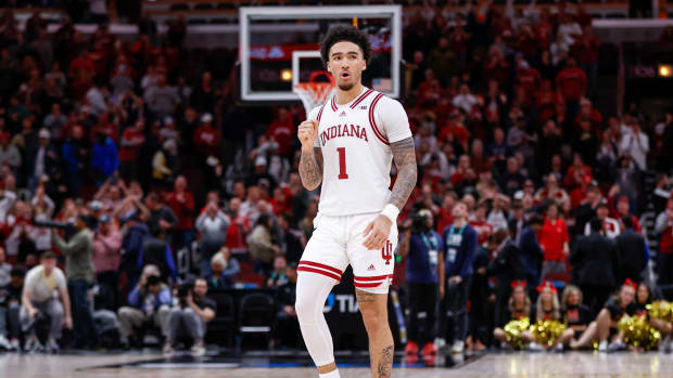 Indiana Hoosiers guard Jalen Hood-Schifino celebrates during a game.