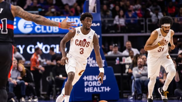 Cleveland Cavaliers forward Caris LeVert (3) brings the ball down the court in the second quarter against the Detroit Pistons at Little Caesars Arena.
