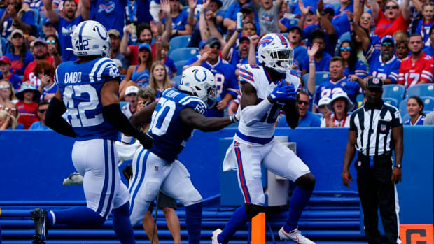 Buffalo Bills receiver Tyrell Shavers catches a touchdown pass in a preseason game against the Indianapolis Colts at Highmark Stadium on Aug. 12, 2023.