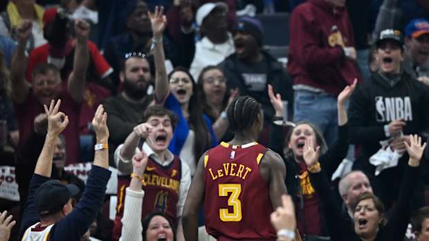 Caris LeVert celebrates his three-point basket.