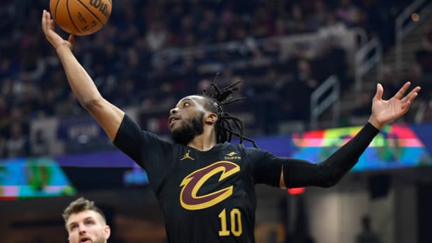 Mar 3, 2024; Cleveland, Ohio, USA; Cleveland Cavaliers guard Darius Garland (10) rebounds in the second quarter against the New York Knicks at Rocket Mortgage FieldHouse. Mandatory Credit: David Richard-USA TODAY Sports