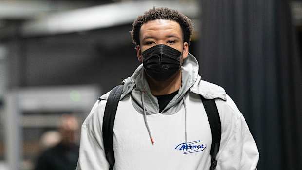 Atlanta Hawks forward Kevin Knox II (5) arrives against the Toronto Raptors at Scotiabank Arena. Knox left Atlanta for the Detroit Pistons in free agency.