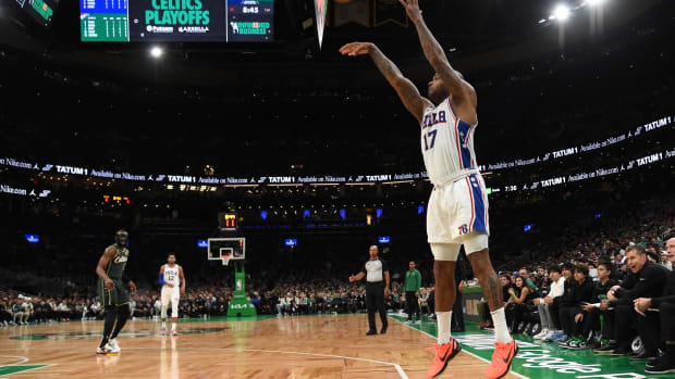 Philadelphia 76ers forward P.J. Tucker shoots the ball.