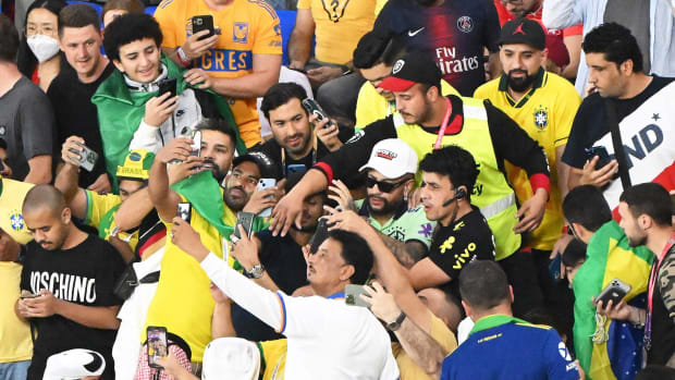 Fans at Stadium 974 pictured taking photographs of a Neymar lookalike in the crowd during Brazil's 1-0 win over Switzerland at the 2022 World Cup in Qatar