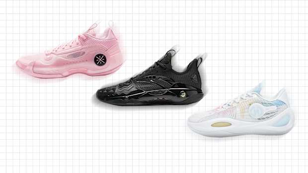 Side view of three multicolor basketball shoes.