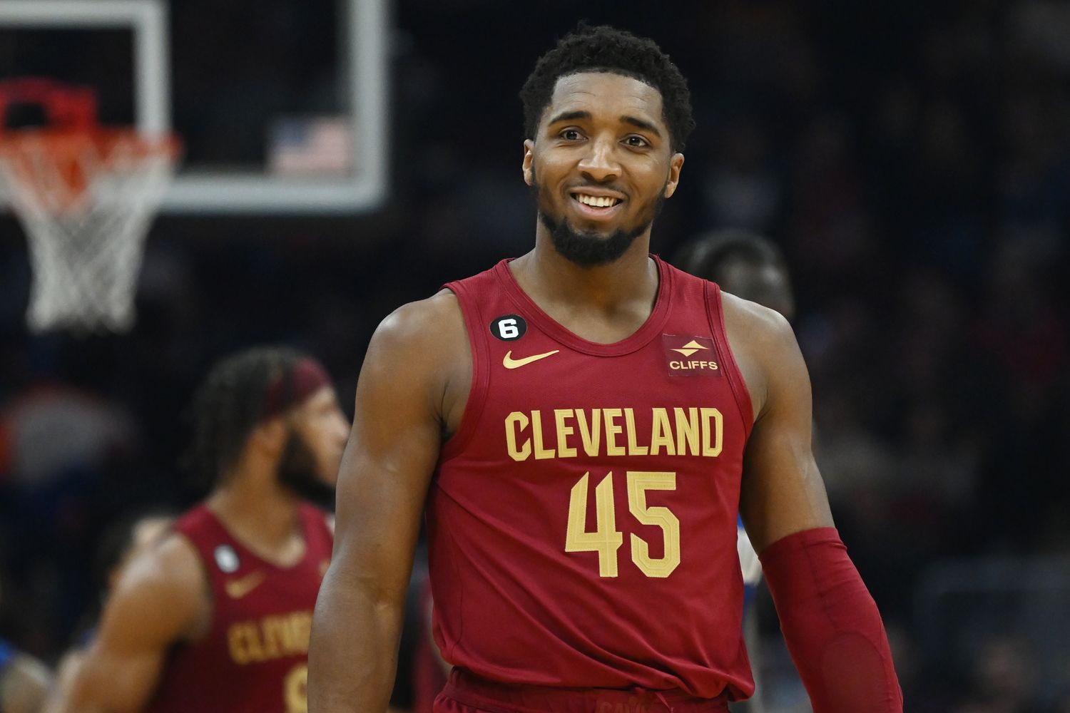 Cleveland Cavaliers guard Donovan Mitchell (45) reacts after being called for traveling during the first half against the Orlando Magic at Rocket Mortgage FieldHouse.