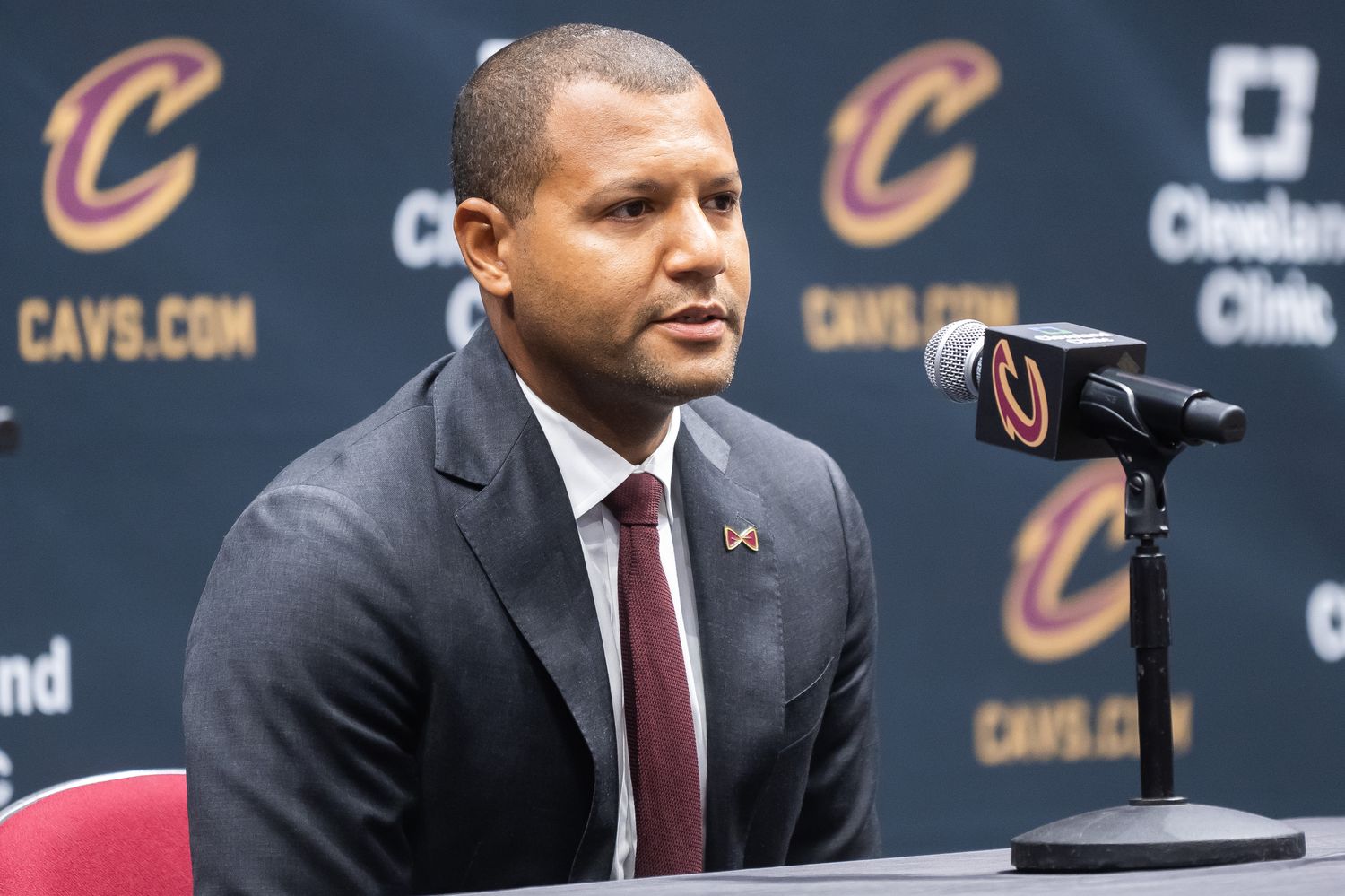 Oct 2, 2023; Cleveland, OH, USA; Cleveland Cavaliers general manager Koby Altman talks to the media during media day at Rocket Mortgage FieldHouse. Mandatory Credit: Ken Blaze-USA TODAY Sports