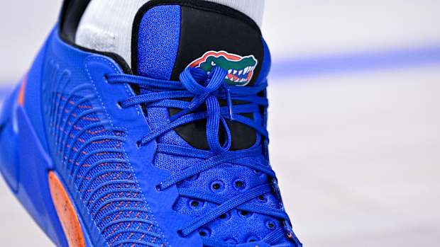 Detailed look at blue Florida Gators shoes.