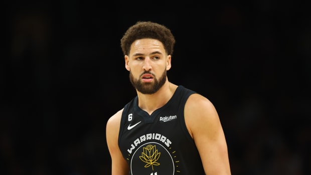 Golden State Warriors guard Klay Thompson looks on during a game.