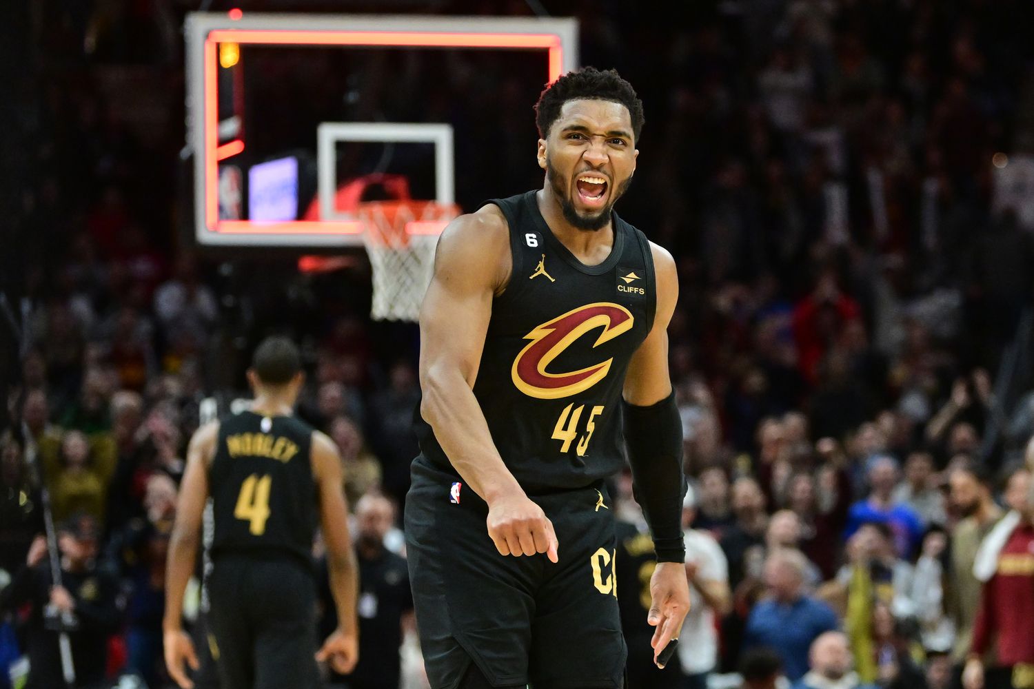 Mar 6, 2023; Cleveland, Ohio, USA; Cleveland Cavaliers guard Donovan Mitchell (45) celebrates after the Cavaliers beat the Boston Celtics at Rocket Mortgage FieldHouse. Mandatory Credit: Ken Blaze-USA TODAY Sports