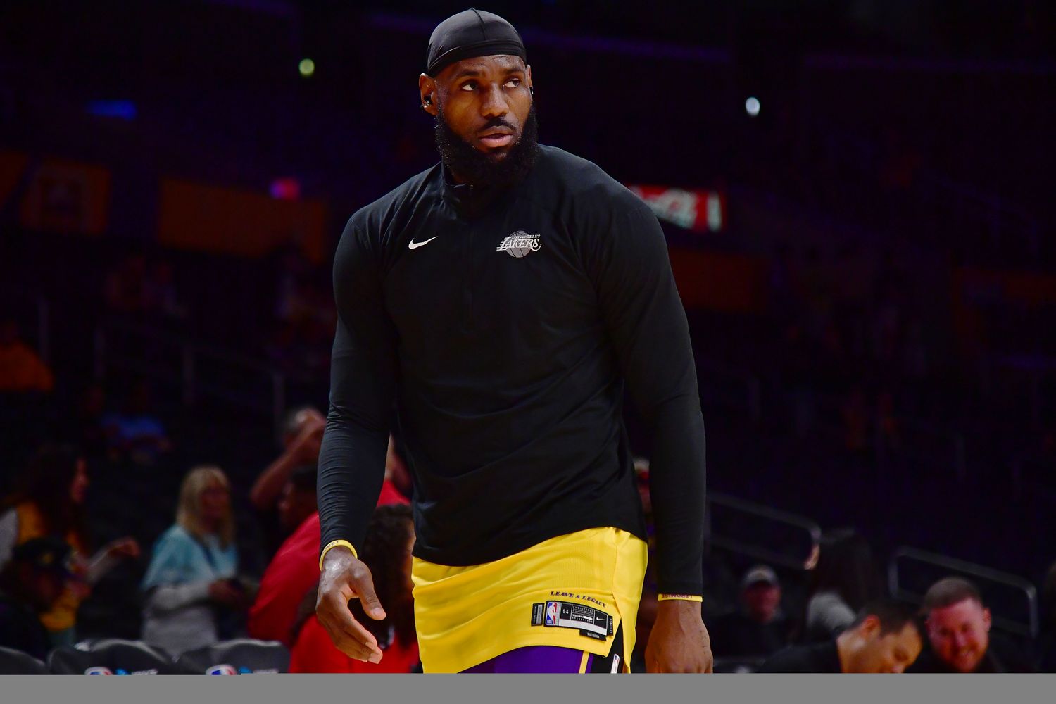 LeBron James warms up before a game.