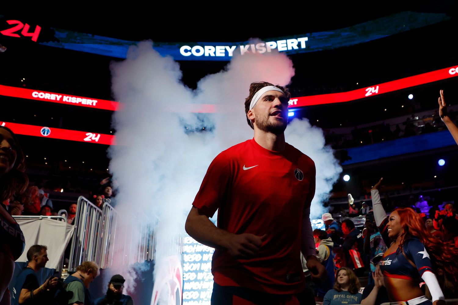Washington Wizards forward Corey Kispert (24) is introduced prior to the game against the Memphis Grizzlies at Capital One Arena.