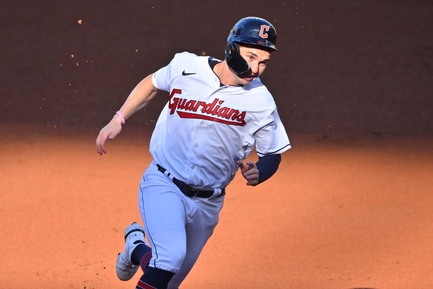Oct 5, 2022; Cleveland, Ohio, USA; Cleveland Guardians left fielder Will Brennan (63) runs the bases in the first inning against the Kansas City Royals at Progressive Field. Mandatory Credit: David Richard-USA TODAY Sports
