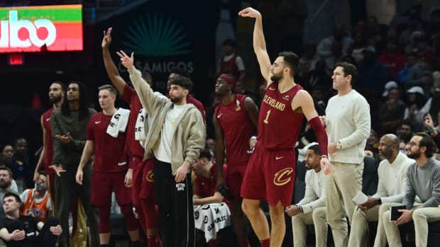 Dec 16, 2023; Cleveland, Ohio, USA; Cleveland Cavaliers guard Max Strus (1) watches as he makes a three point basket during the first half against the Atlanta Hawks at Rocket Mortgage FieldHouse. Mandatory Credit: Ken Blaze-USA TODAY Sports