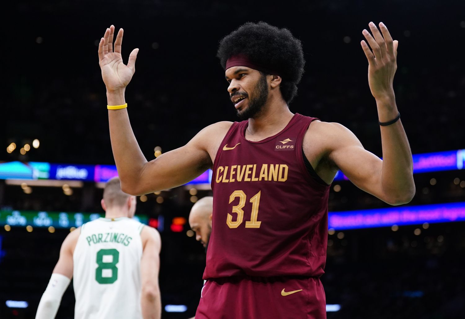 Dec 12, 2023; Boston, Massachusetts, USA; Cleveland Cavaliers center Jarrett Allen (31) reacts after being called for a foul against Boston Celtics center Kristaps Porzingis (8) in the second half at TD Garden.