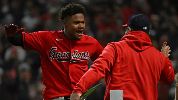 Oct 15, 2022; Cleveland, Ohio, USA; Cleveland Guardians right fielder Oscar Gonzalez (39) reacts after hitting the game-winning single against the New York Yankees in the ninth inning during game three of the NLDS for the 2022 MLB Playoffs at Progressive Field. Mandatory Credit: Ken Blaze-USA TODAY Sports