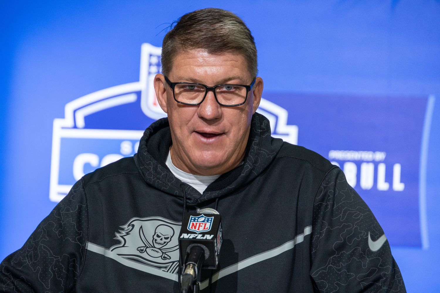 Tampa Bay Buccaneers general manager Jason Licht speaking at the 2023 NFL Scouting Combine.