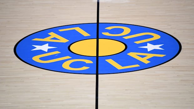 UCLA Bruins logo at center court at Pauley Pavilion.