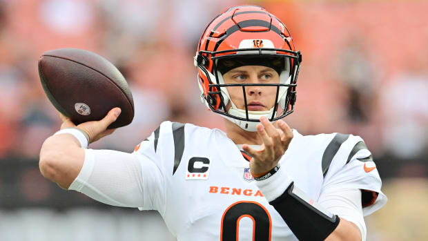 Cincinnati Bengals quarterback Joe Burrow warms up before a game against the Cleveland Browns.