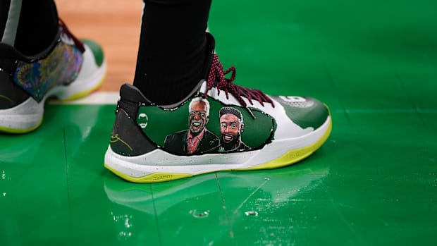 View of Jaylen Brown's custom green shoes.