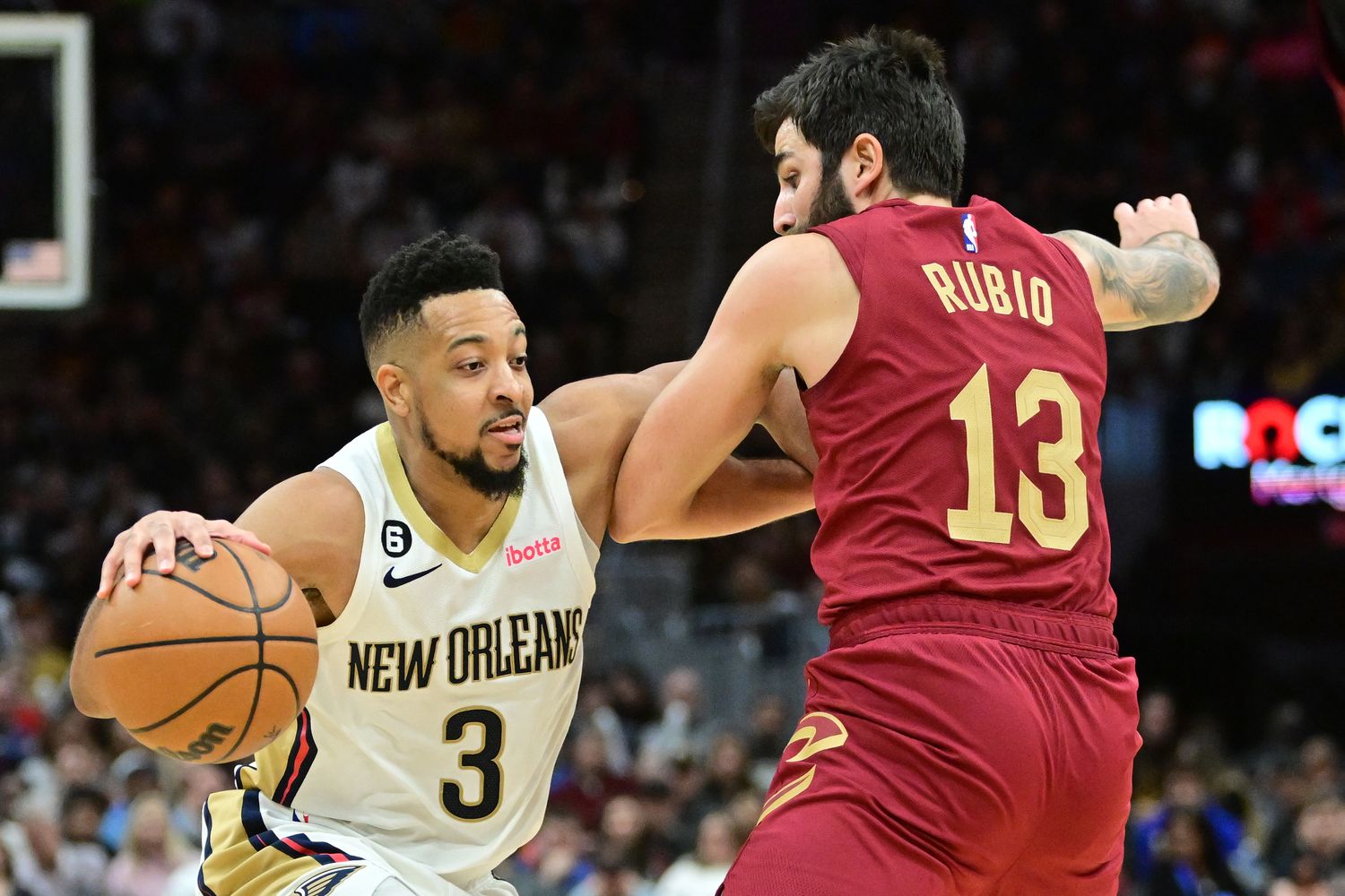 Jan 16, 2023; Cleveland, Ohio, USA; New Orleans Pelicans guard CJ McCollum (3) drives to the basket against Cleveland Cavaliers guard Ricky Rubio (13) during the second half at Rocket Mortgage FieldHouse. Mandatory Credit: Ken Blaze-USA TODAY Sports