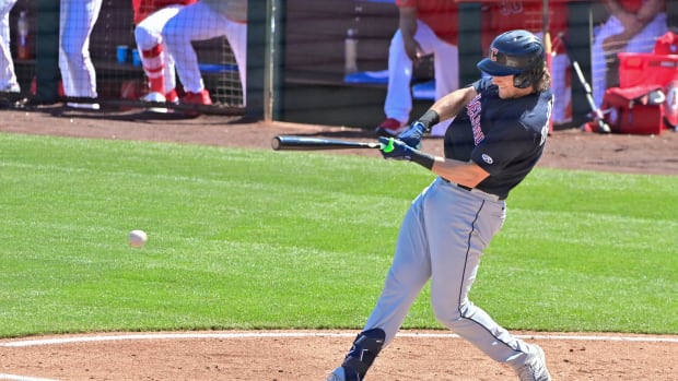 Feb 29, 2024; Tempe, Arizona, USA; Cleveland Guardians right fielder Chase DeLauter (6) grounds out in the third inning against the Los Angeles Angels during a spring training game at Tempe Diablo Stadium. Mandatory Credit: Matt Kartozian-USA TODAY Sports