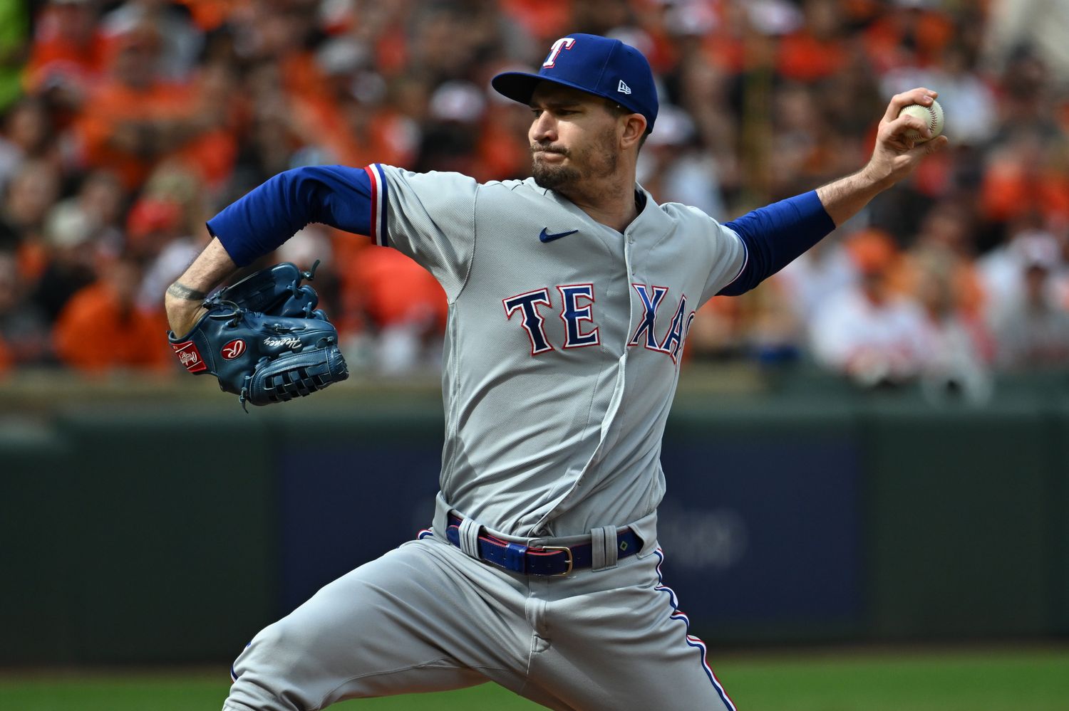 Oct 7, 2023; Baltimore, Maryland, USA; Texas Rangers starting pitcher Andrew Heaney (44) throws a pitch against the Baltimore Orioles during the first inning in game one of the ALDS for the 2023 MLB playoffs at Oriole Park at Camden Yards. Mandatory Credit: Tommy Gilligan-USA TODAY Sports  