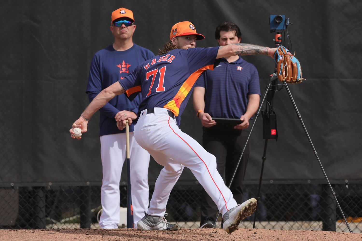 Feb 16, 2024; West Palm Beach, FL, USA; Houston Astros relief pitcher Josh Hader (71) delivers a pitch during spring training practice at CACTI Park of the Palm Beaches.