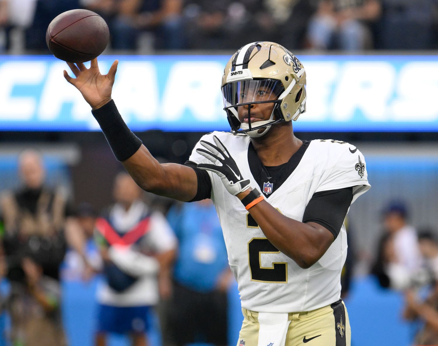 New Orleans Saints quarterback Jameis Winston throws a pass during a preseason game.