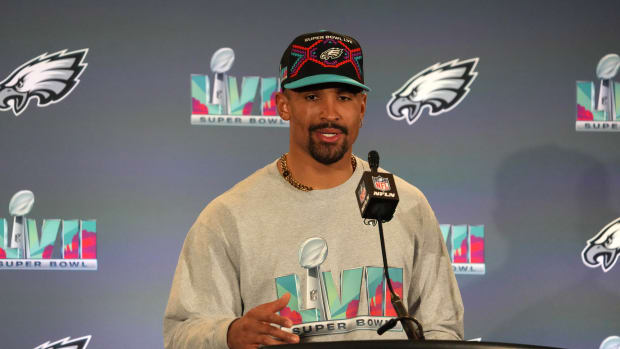 Eagles quarterback Jalen Hurts speaks at a Super Bowl media event.