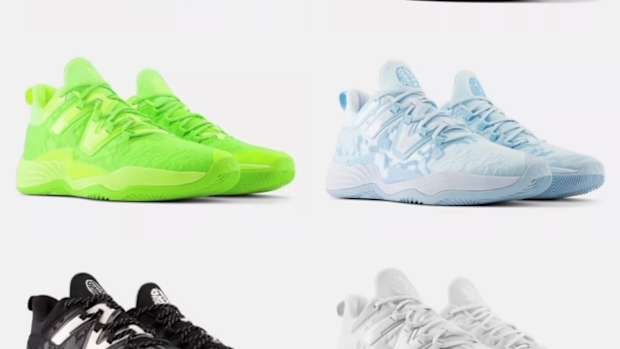View of six New Balance basketball shoes in different colors.