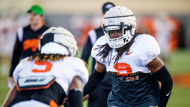 Oklahoma State s Trey Rucker (9) runs drills during an OSU Spring football practice at Sherman E. Smith Training Center in Stillwater, Okla., Monday, April 10, 2023. Osu