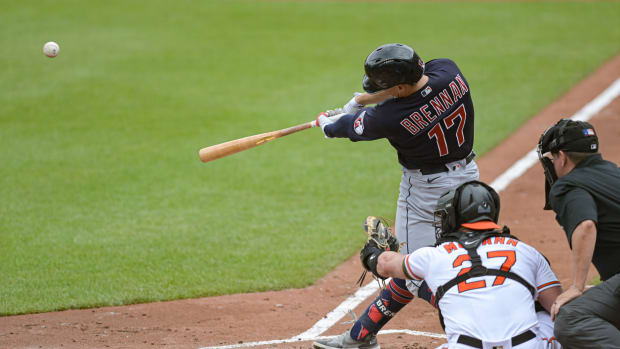 May 29, 2023; Baltimore, Maryland, USA; Cleveland Guardians right fielder Will Brennan (17) hits a second inning double off Baltimore Orioles starting pitcher Tyler Wells (not pictured) at Oriole Park at Camden Yards. Mandatory Credit: Tommy Gilligan-USA TODAY Sports