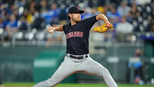 Sep 6, 2022; Kansas City, Missouri, USA; Cleveland Guardians starting pitcher Shane Bieber (57) pitches against the Kansas City Royals during the eighth inning at Kauffman Stadium. Mandatory Credit: Jay Biggerstaff-USA TODAY Sports