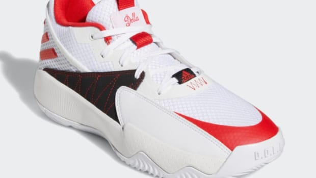 Damian Lillard's white, red, and black shoes.
