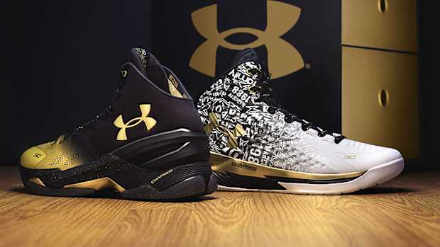 Side view of Stephen Curry's black and white Under Armour shoes.