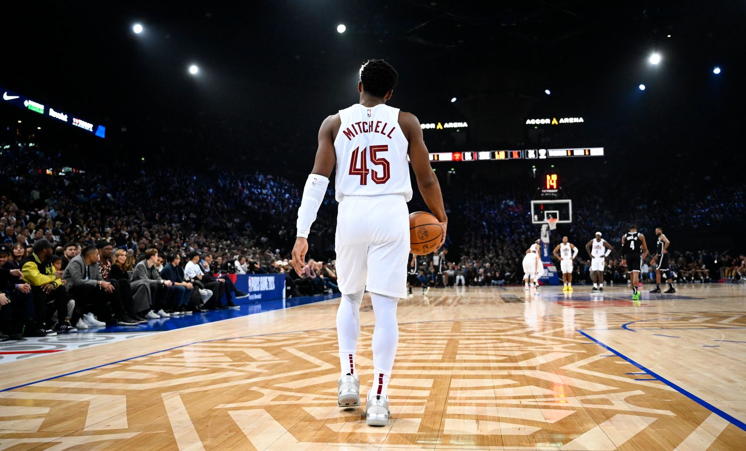 Jan 11, 2024; Paris, FRANCE; Cleveland Cavaliers guard Donovan Mitchell (45) controls the ball against the Brooklyn Nets in the NBA Paris Game at AccorHotels Arena. Mandatory Credit: Alexis Reau/Presse Sports via USA TODAY Sports
