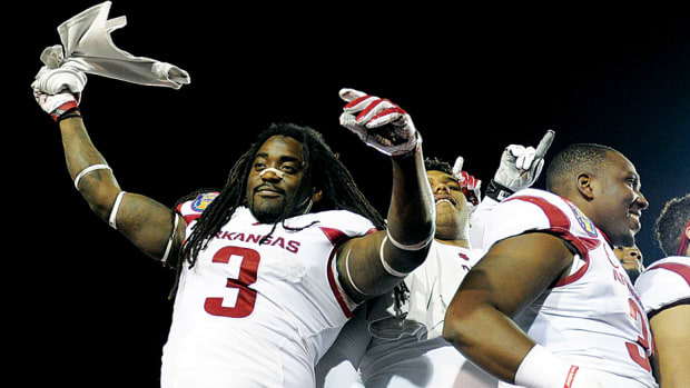 Arkansas Razorbacks running back Alex Collins after the game against the Kansas State Wildcats at Liberty Bowl. Arkansas Razorbacks defeated the Kansas State Wildcats 45-23.