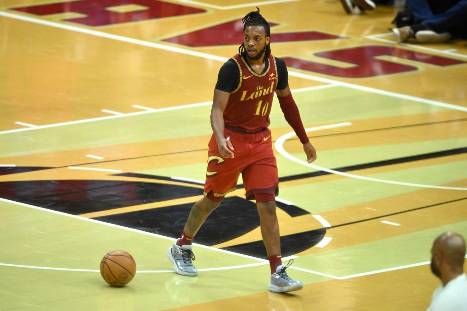 Nov 28, 2023; Cleveland, Ohio, USA; Cleveland Cavaliers guard Darius Garland (10) lets the ball roll on an inbounds play in the fourth quarter against the Atlanta Hawks at Rocket Mortgage FieldHouse.