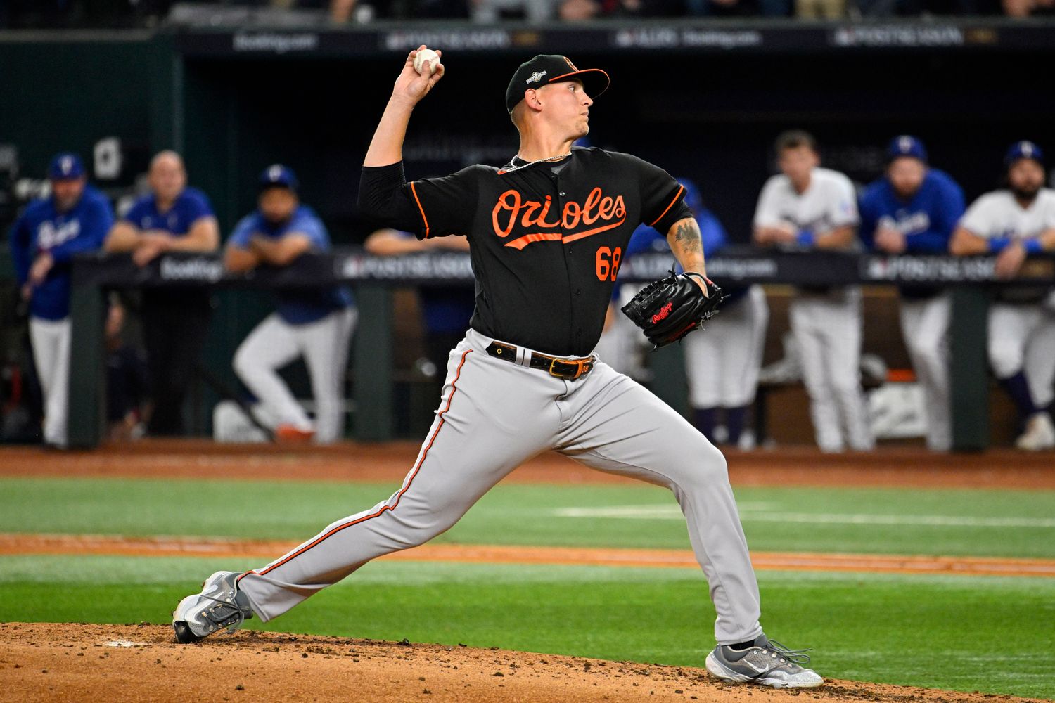Oct 10, 2023; Arlington, Texas, USA; Baltimore Orioles relief pitcher Tyler Wells (68) pitches in the third inning against the Texas Rangers during game three of the ALDS for the 2023 MLB playoffs at Globe Life Field. Mandatory Credit: Jerome Miron-USA TODAY Sports  