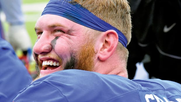 SMU offensive lineman Ben Sparks laughs at a fan demanding the Mustangs hang 100 on Tulsa shortly before the score became 52-3 with just under five minutes left in the second quarter.