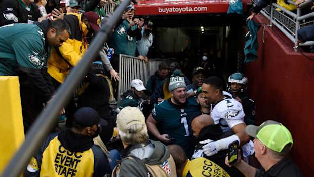 Left to Right: Fans at FedEx Field, Jalen Hurts