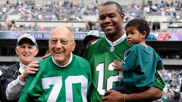 Al Wistert (No. 70) with Randall Cunningham in 2009 induction into Eagles Honor Roll