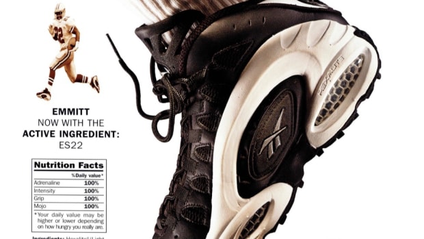 A vintage promotional poster for Emmitt Smith's Reebok shoes.