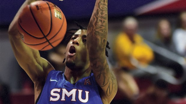 SMU's BJ Edwards goes up for a dunk during the second half of a blowout win over Western Illinois at Moody Coliseum.