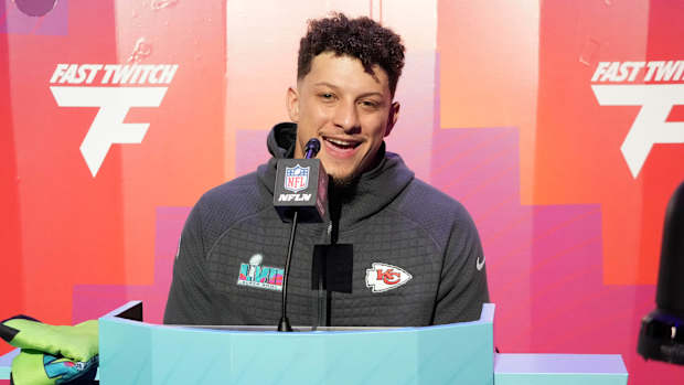 Patrick Mahomes speaking at a media event.