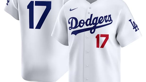 Shohei Ohtani's white Los Angeles Dodgers jersey.